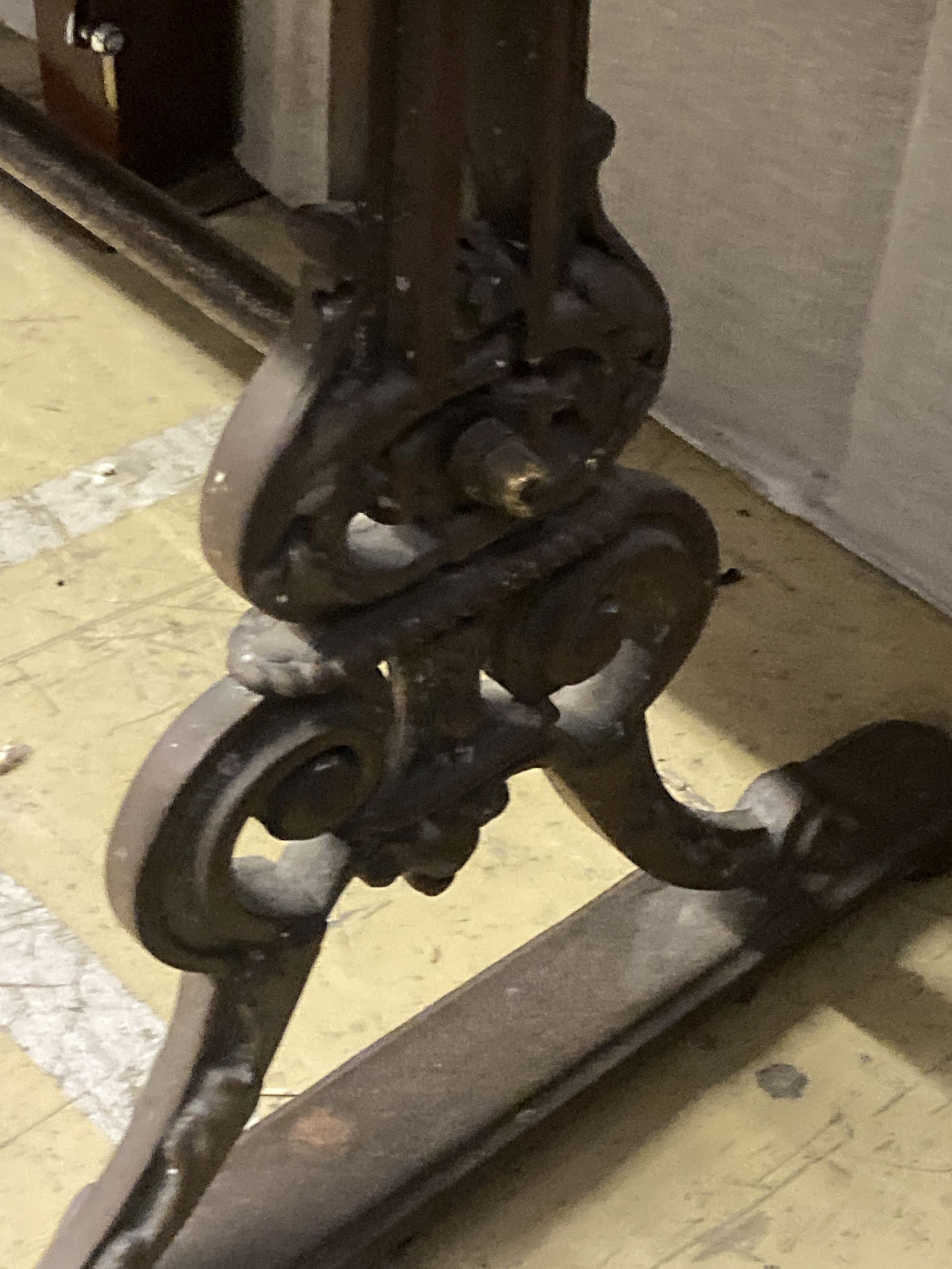 A Victorian mahogany side table with cast iron underframe, width 130cm, depth 60cm, height 80cm